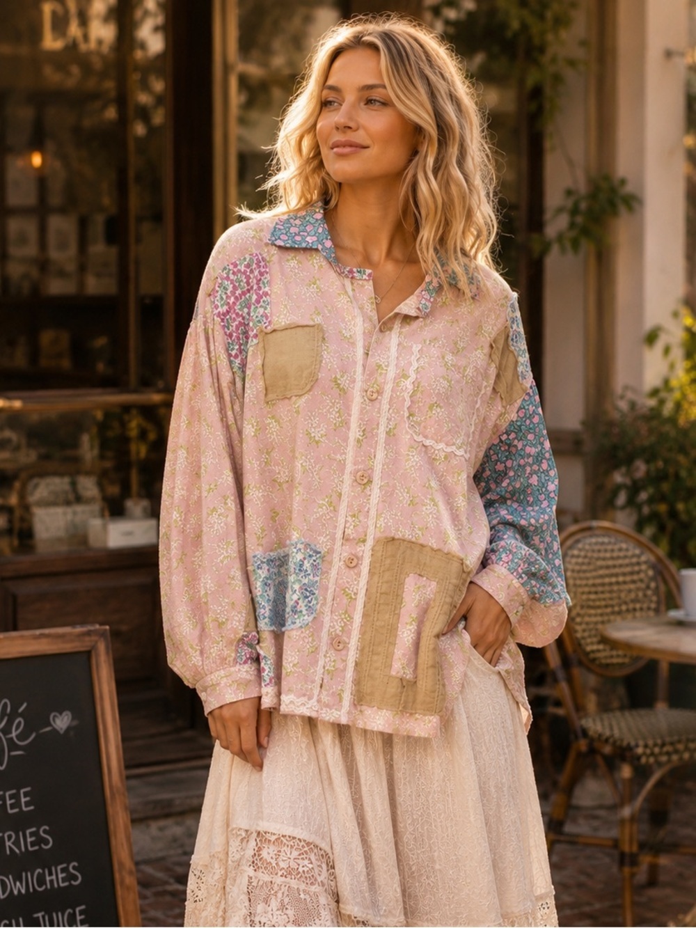 🩵 BlueVelvet Multi Colored Printed Patchwork Top in Dusty Mauve M